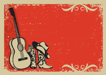 Vintage poster with cowboy boots and music guitar