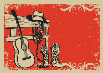 Naklejka premium Vintage poster with cowboy clothes and music guitar
