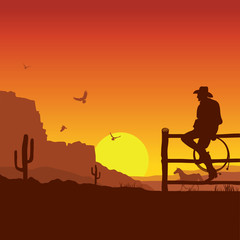 Cowboy américain sur le paysage de coucher du soleil de l& 39 ouest sauvage le soir
