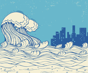 Big waves poster illustration on old paper texture