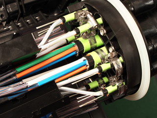 Fibre optic mass closure with cable entry port closeup, National Broadband Network in Australia,...