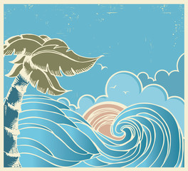 Blue seascape with big wave and sun on old poster