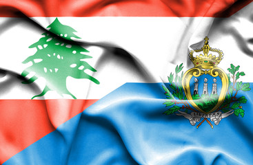 Waving flag of San Marino and  Lebanon