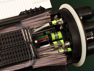 Fibre optic mass closure with cable entry port closeup, National Broadband Network in Australia, a fast internet rollout covering most of Australia, Melbourne, Australia - 2015, April 19