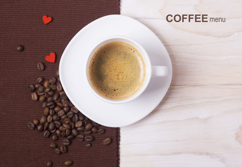 coffee menu background.White cup and beans