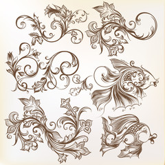  vector decorative swirl ornaments and fishes for design