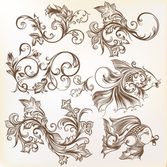  vector decorative swirl ornaments and fishes for design