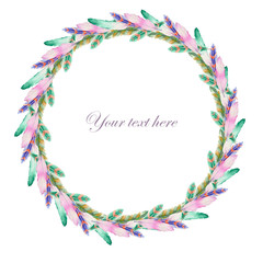 Wreath of feathers painted with watercolors on a white background, decoration postcard or invitation