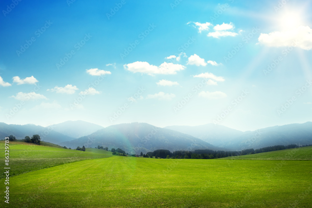 Wall mural landscape of green meadow with hills