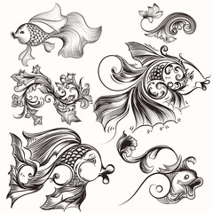 Collection of decorative elements  fish and flourishes