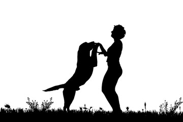 Vector silhouette of a woman with a dog.