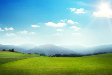 Fotobehang landschap van groene weide met heuvels © ArtFamily