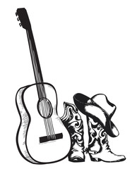 cowboy boots and music guitar isolated on white