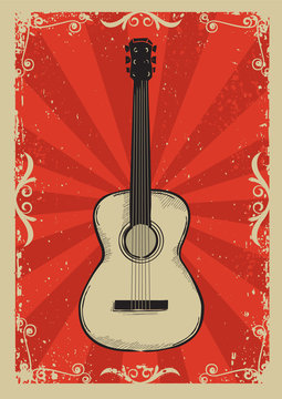 Vintage red poster with guitar