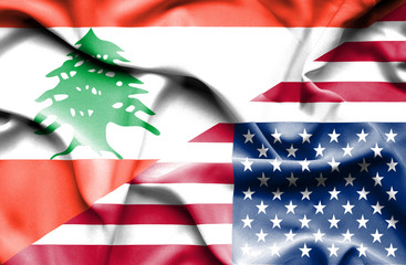 Waving flag of United States of America and  Lebanon