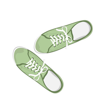 Green sport gumshoes. Realistic flat illustration isolated on white background. View from above