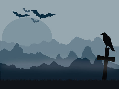 Silhouette of raven sitting on the old cross with bats and mountains in background