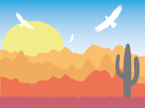 Desert with silhouette of eagles and cactus on sunny day retro