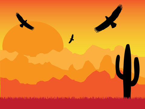 Desert with silhouettes of cactus and eagles