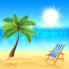 Fototapeta na wymiar Palm and deck chair on sunny beach vector