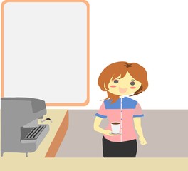 barista with coffee cup in her hand and blank board