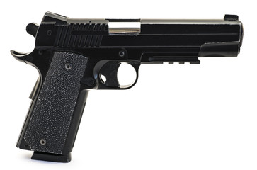 Modern black and chrome pistol gun isolated on white