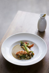 prawns with grilled vegetables and mushroom sauce