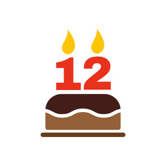 The birthday cake with candles in the form of number 12 icon. Birthday symbol. Flat