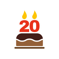 The birthday cake with candles in the form of number 20 icon. Birthday symbol. Flat