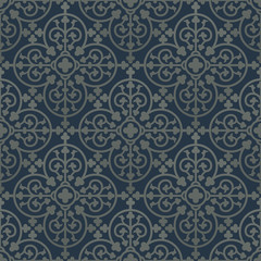 Silver seamless pattern on a dark blue background. Royal elements in a gothic style. Decoration for wallpaper, fabrics, tiles and mosaics. Vector illustration