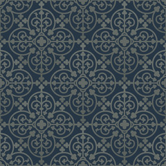 Silver seamless pattern on a dark blue background. Royal elements in a gothic style. Decoration for wallpaper, fabrics, tiles and mosaics. Vector illustration
