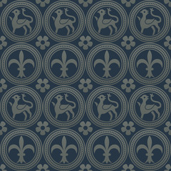 Silver seamless pattern on a dark blue background. Royal elements in a gothic style. Decoration for wallpaper, fabrics, tiles and mosaics. Vector illustration