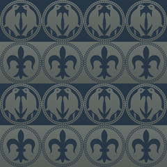 Silver seamless pattern on a dark blue background. Royal elements in a gothic style. Decoration for wallpaper, fabrics, tiles and mosaics. Vector illustration