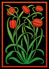Colorful floral ornament. Silhouette of Tulips. Figure bouquet in the form of a stencil or cutout. Vector background