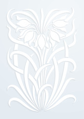 White paper floral ornament. Silhouette of flowers. Figure bouquet in the form of a stencil or cutout. Vector background