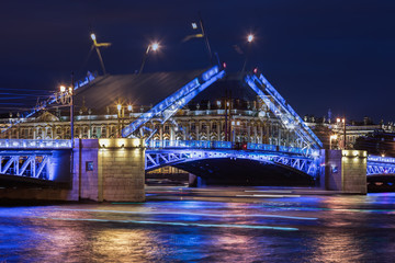 Fototapeta na wymiar Double exposure, open Palace bridge, white nights in Saint-Peter