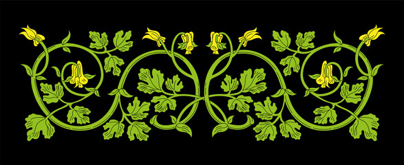 Floral ornament in medieval style. Pattern of interwoven stems, foliage and flowers. Vector frame, elegant vignette, design element and page decoration