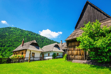 Fototapeta na wymiar Wooden huts in Vlkolinec traditional village