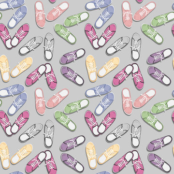 Realistic colorful sport gumshoes.  Seamless pattern. Flat style. View from above
