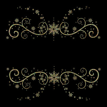Winter or holiday season elegant Black background with gradient gold snowflakes