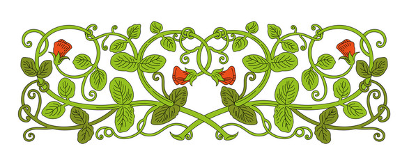 Floral ornament in medieval style. Pattern of interwoven stems, foliage and flowers. Vector frame, elegant vignette, design element and page decoration