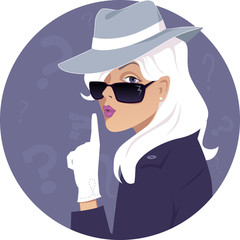Mystery woman. Female secret agent in a hat and sunglasses, vector illustration, no transparencies, EPS 8