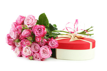 beautiful pink rose with gift box isolated on white
