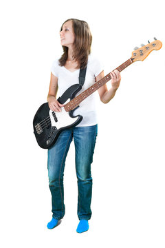 Cute teen girl with electric bass guitar isolated on white background