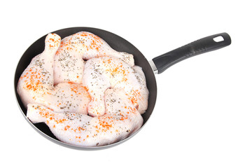 Raw chicken with spice on pan