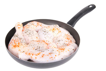 Raw chicken with spice on pan
