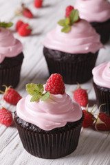 Chocolate cupcakes with fresh raspberries close-up. vertical
