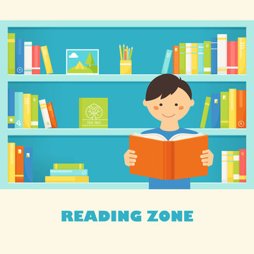 Boy Reading a Book against Library Bookshelves with Book. Vector EPS 10
