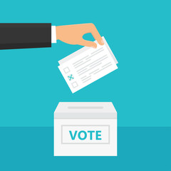 Man holding ballot paper in his hand and putting it into ballot box. Elections and Voting Theme Illustration