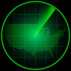 Radar screen with the silhouette of USA